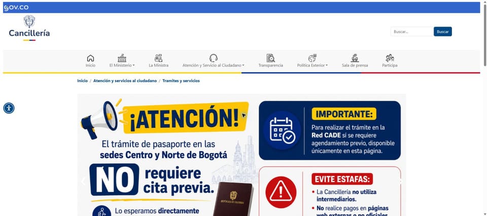 Aviso oficial de Cancilleria que diferencia las sedes de pasaporte sin cita y la Red CADE con agendamiento.