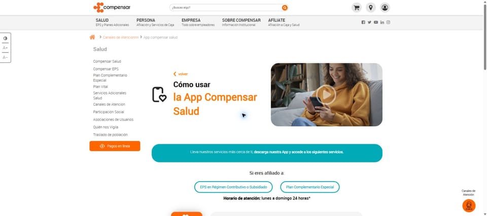 Pagina publica de Compensar sobre el uso de la App Compensar Salud.