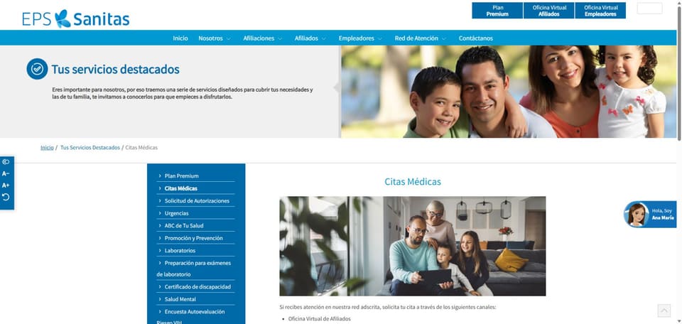 Pagina oficial de EPS Sanitas titulada Citas Medicas y su introduccion a los canales disponibles.