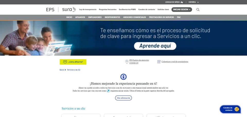 Pagina publica de EPS SURA para Servicios a un clic, con aviso sobre el inicio de sesion.